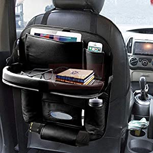 Carmate universal pu leather car back seat organiser with foldable dining table tray